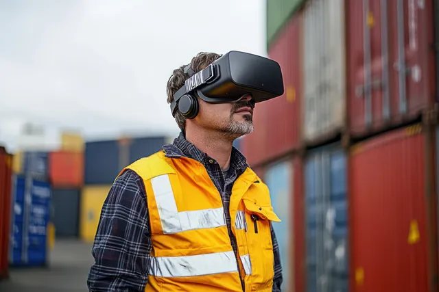 Worker in orange reflective vest wearing VR headset beside shipping containers