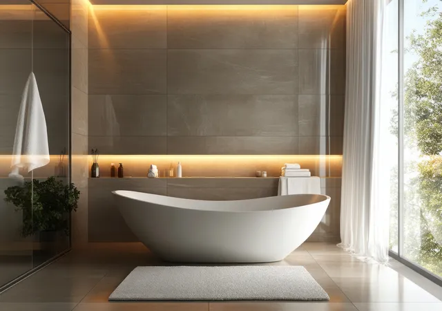 A freestanding bathtub is centered in a sunlit minimalist bathroom with warm backlit wall tiles and a large window.