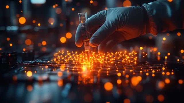 A gloved hand holds a test tube as glowing orange particles and molecular overlays fill a dark lab scene.