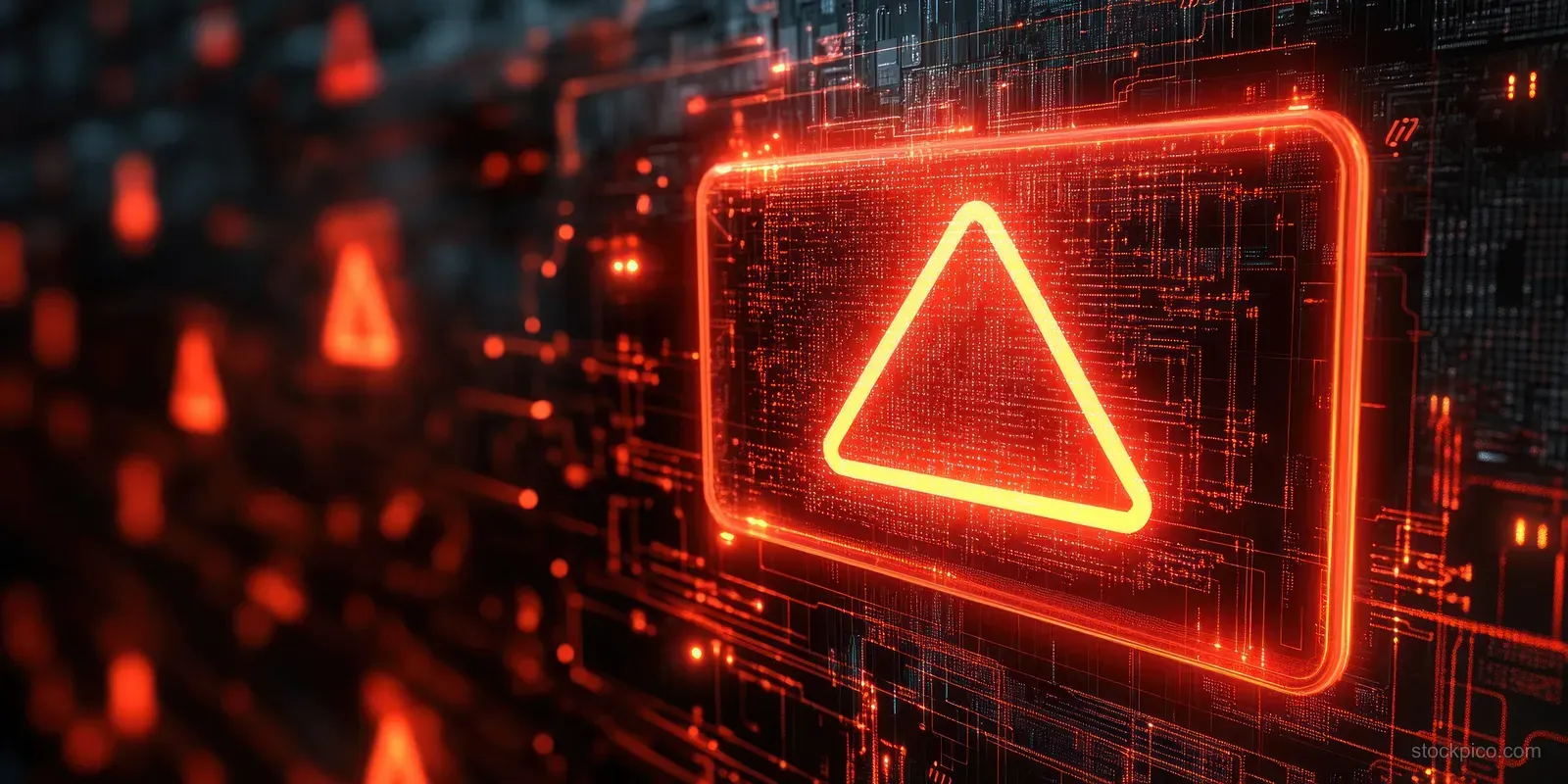 A glowing red warning triangle appears on a dark digital circuit background.