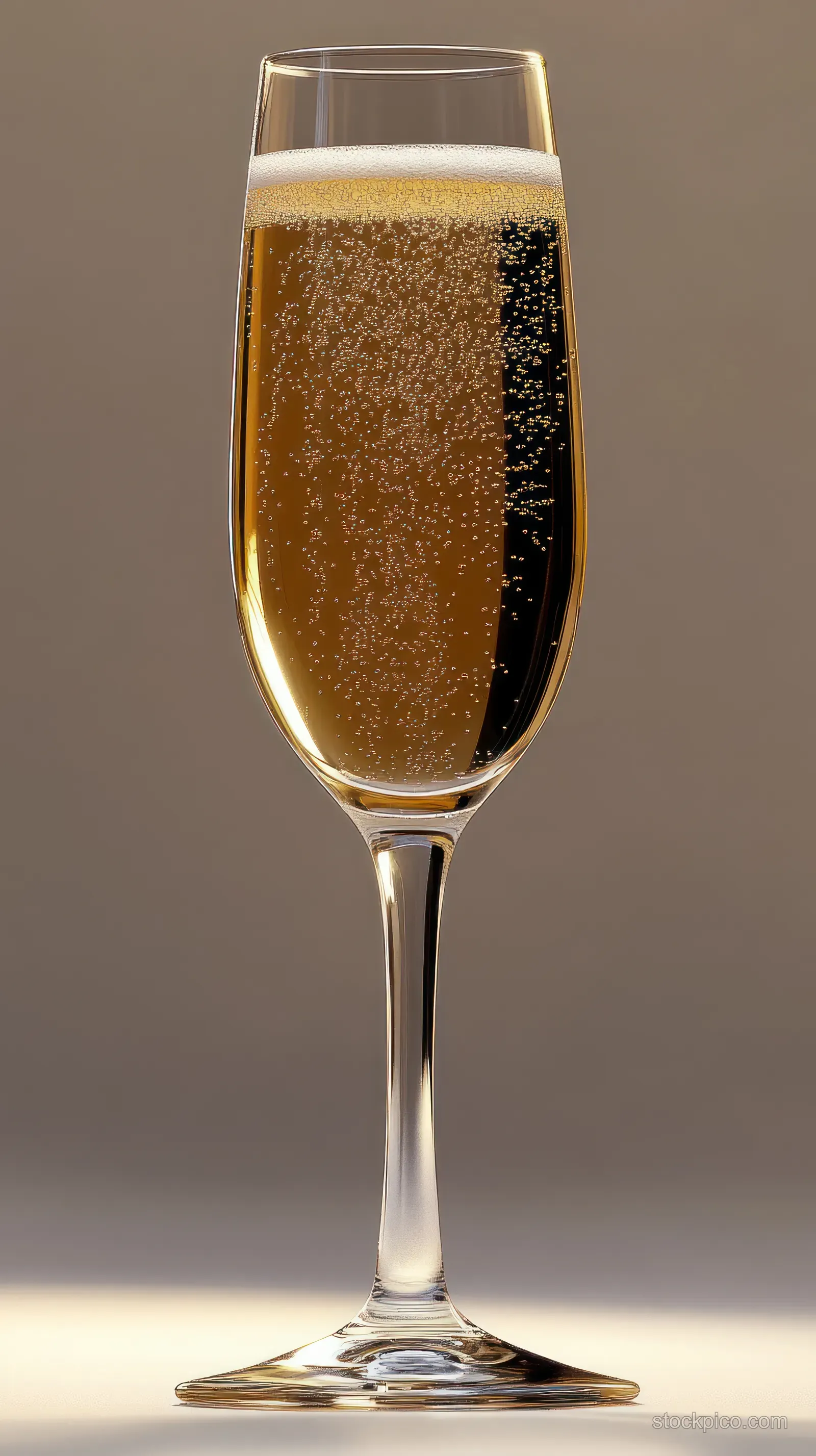 A tall champagne flute holds a golden sparkling drink as bubbles rise against a neutral background.