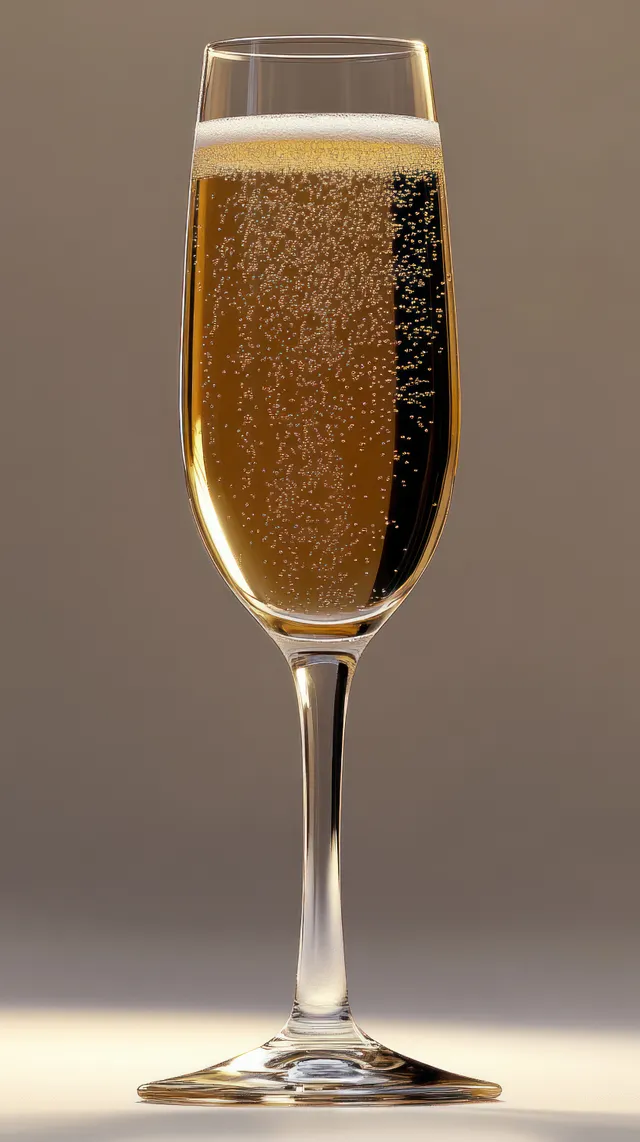 A tall champagne flute holds a golden sparkling drink as bubbles rise against a neutral background.