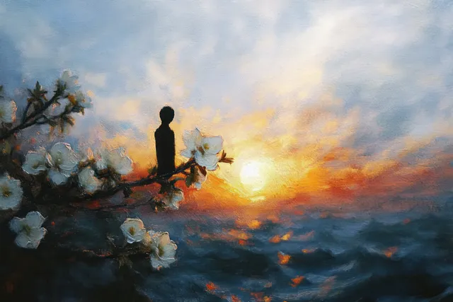 Silhouette figure perched on a flowering branch facing a glowing sunset over calm ocean