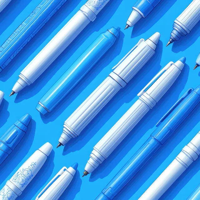A seamless repeating pattern of injection pens and syringe-like injectors on a vivid blue background.