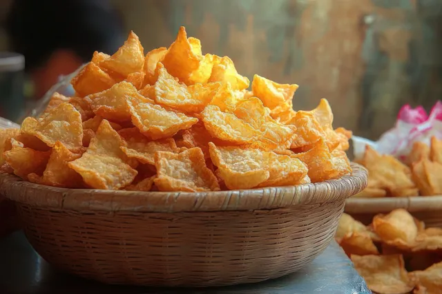 Golden crispy fried tofu snacks piled in a woven basket on a rustic market table.