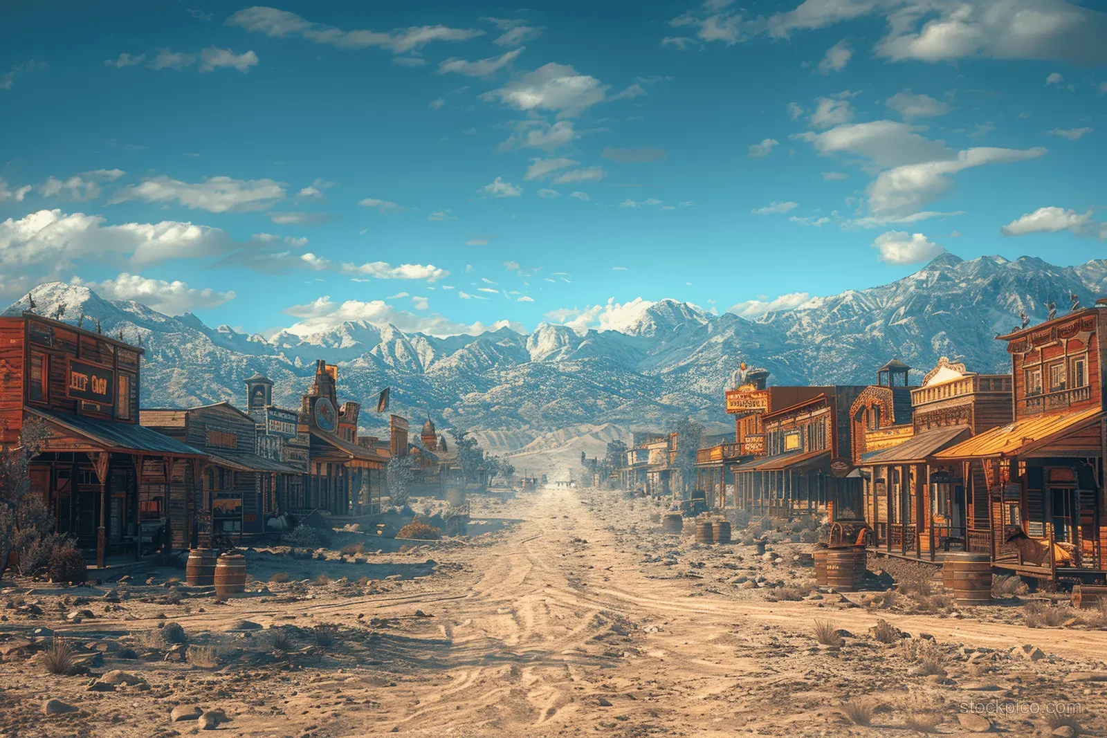 Dusty Old West town street lined with wooden saloon buildings and a faint track leading toward snowy mountains.
