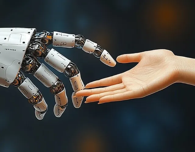 Close-up of a human hand reaching a robotic hand with glowing blue light patterns on a dark background.