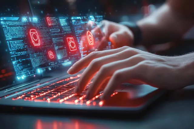 Hands at a laptop display with holographic lock icons and glowing encrypted data overlays.