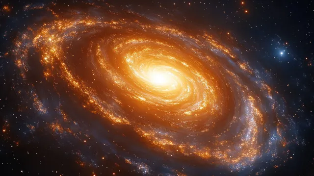 Glowing yellow spiral galaxy with bright core and star-dotted arms in deep space
