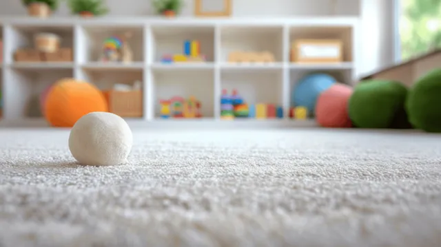 White carpet foreground with scattered toy balls while children’s room shelves and window light blur behind.