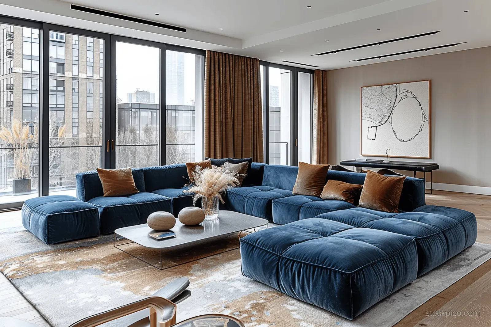 Blue velvet L-shaped sectional sofa in a bright living room with city skyline windows and neutral decor.