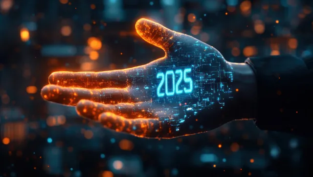Holographic 2025 digits float over a businessman’s glowing hands amid blurred city lights.
