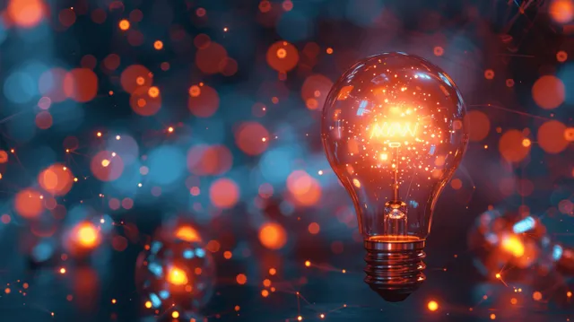 Glowing light bulb on abstract blue bokeh background with glowing digital network nodes