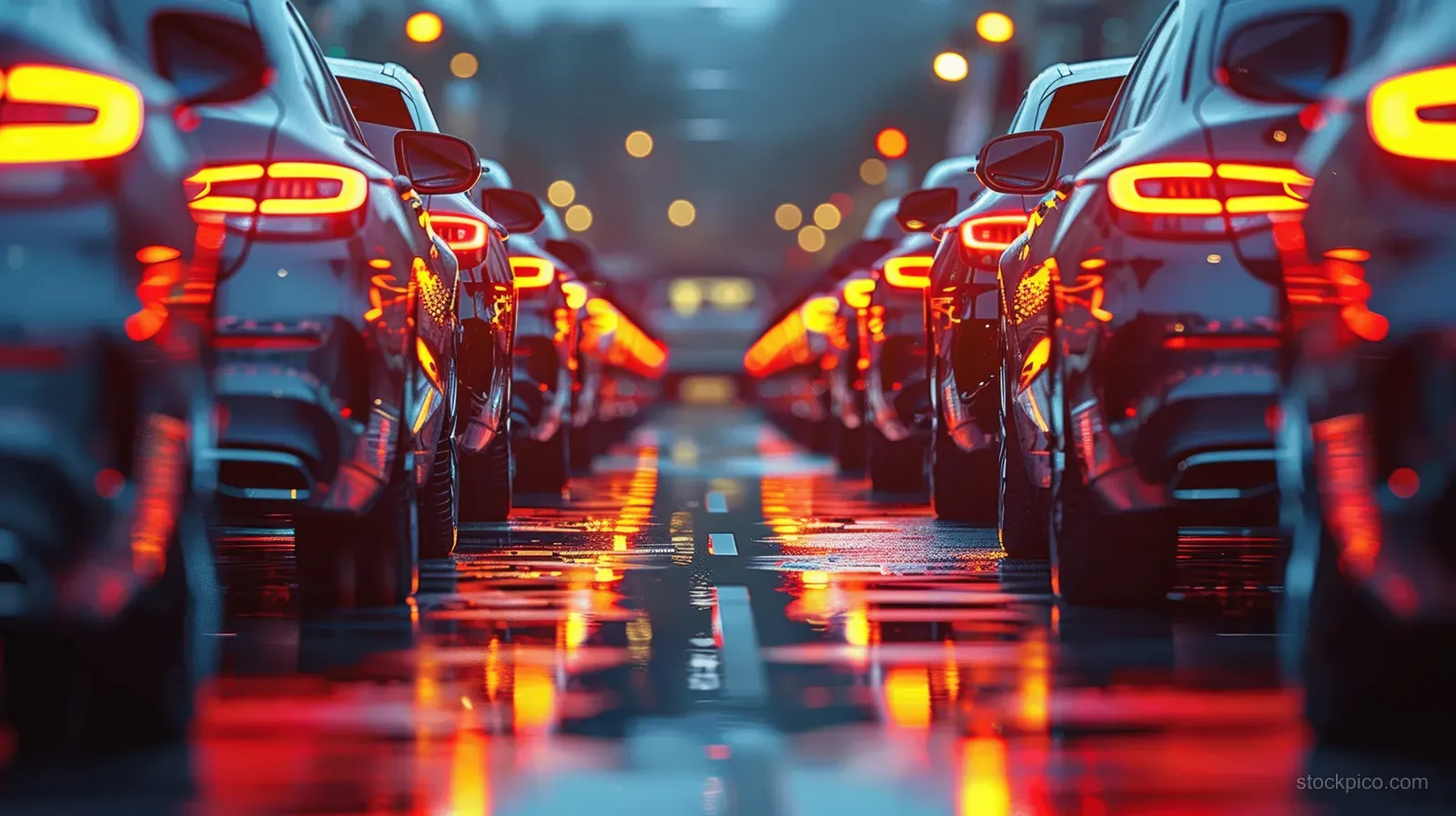 A lineup of cars parked in a dealership lot at sunset, with illuminated taillights reflecting on wet pavement.