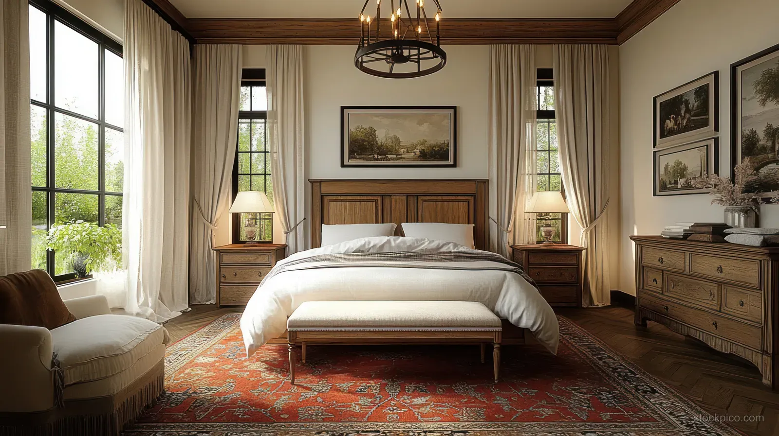 Sunlit classic bedroom with a wooden bed, bedside lamps, beige curtains, framed landscape paintings, and a red patterned rug.