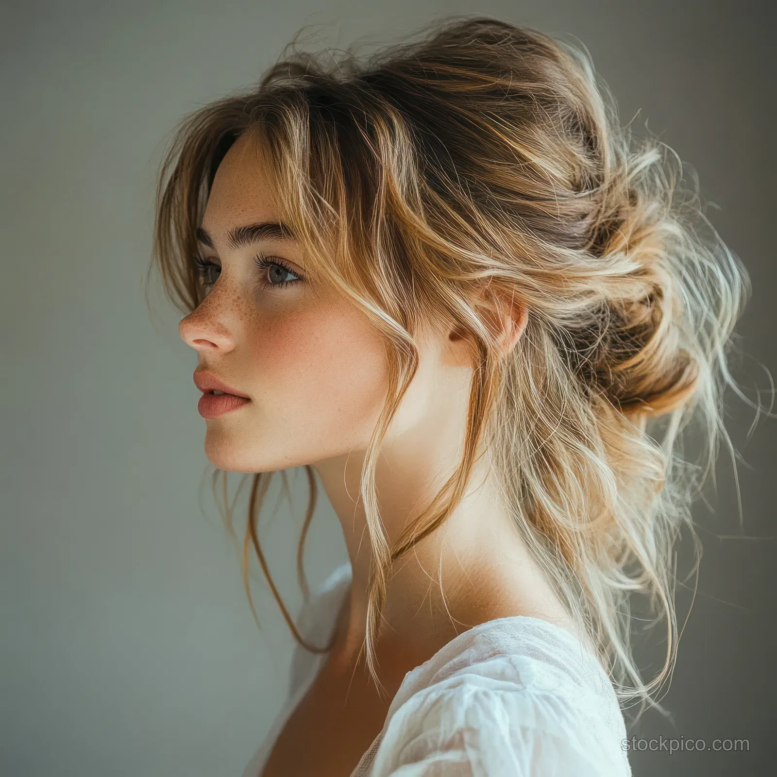 Side profile portrait of a woman with a messy blonde updo and loose curls wearing a white textured top in soft light.