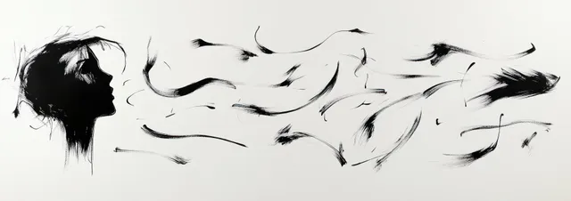 Ink brushstroke silhouette of a human head with flowing swirling lines extending across a white background.