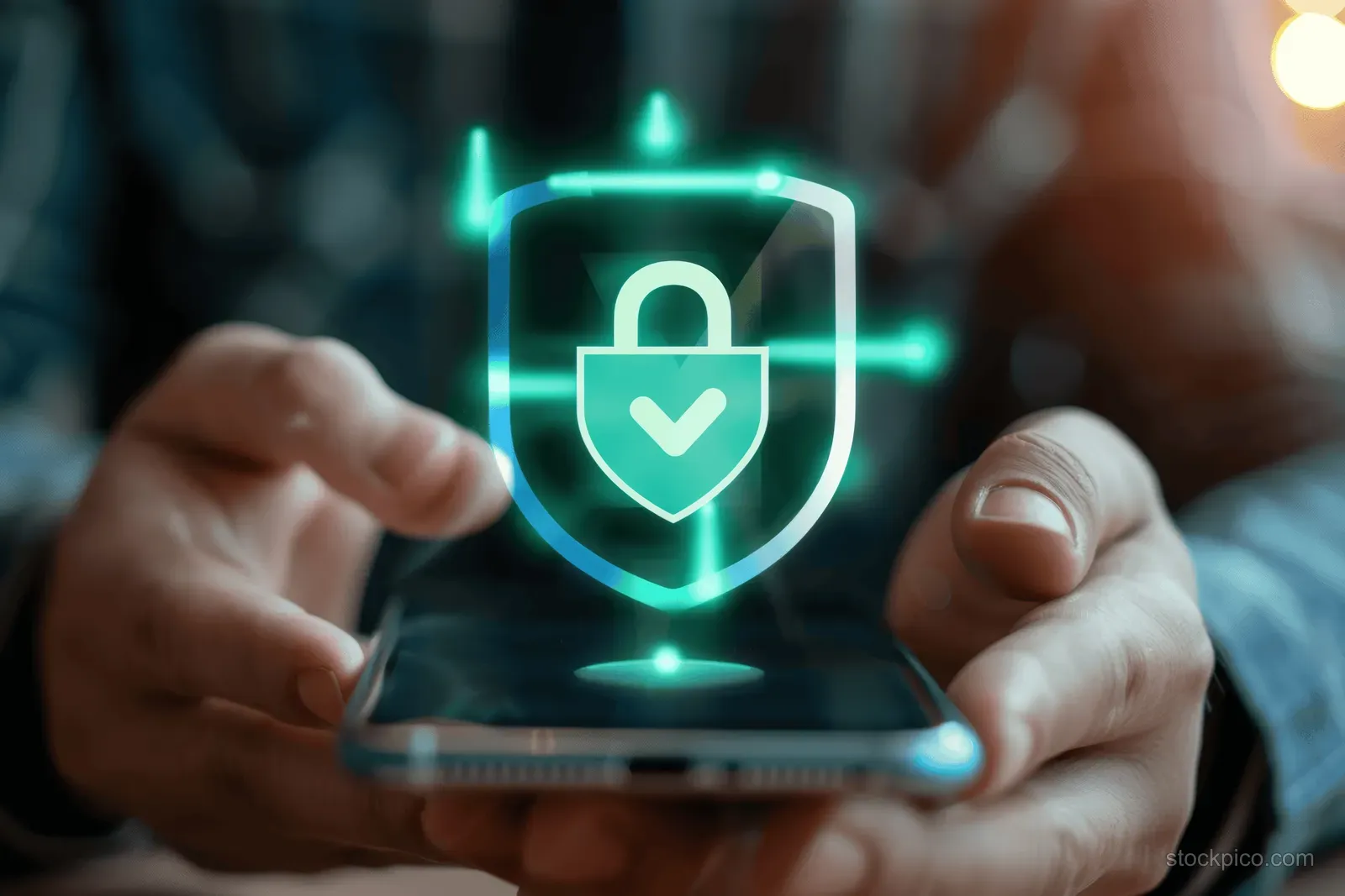 A businessman holds a smartphone showing a glowing green security shield icon.