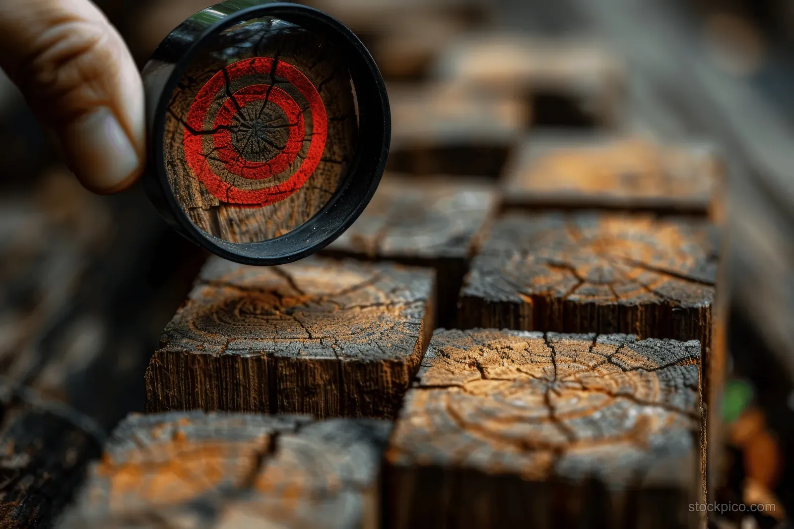 A hand holds a magnifying glass over wooden step blocks with a red target crosshair.