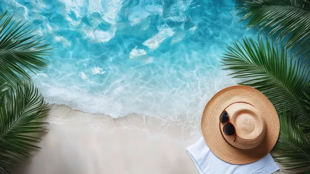 Sunlit tropical beach scene with turquoise waves and palm leaves framing a resting sunhat