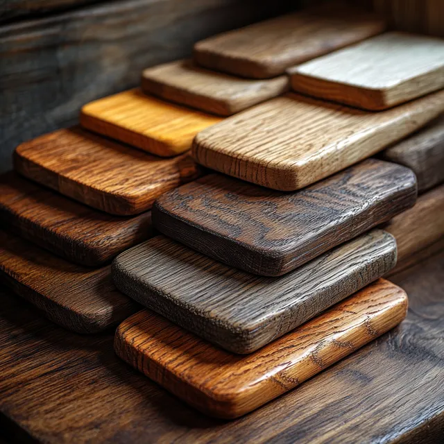 A designer’s hand selects stacked wooden veneer swatches on a minimalist showroom table with visible wood grain.