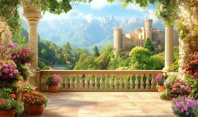 Sunlit stone balcony overlooking blooming flower pots and a distant medieval castle