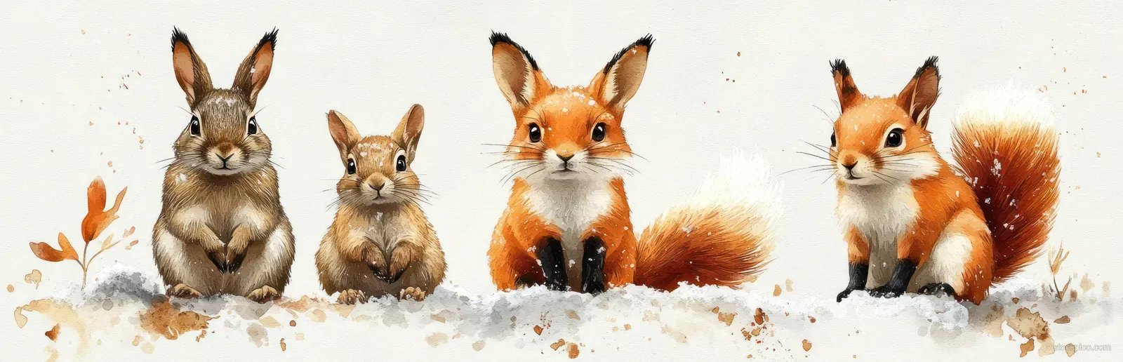 A rabbit, fox, and squirrel sit on snowy drifts in a winter forest illustration on a white background.