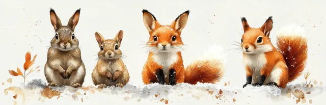Three winter forest animals sit on snowy drifts: rabbit, fox, and squirrel