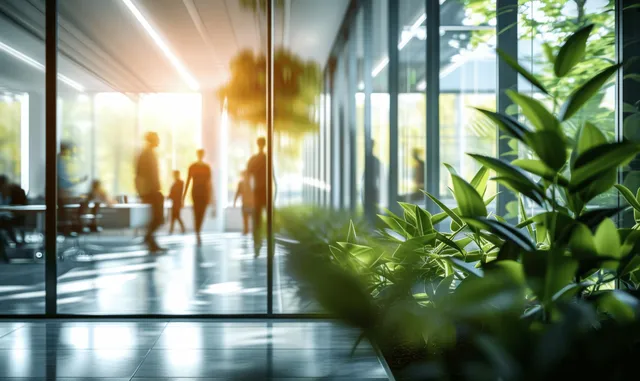 Blurred business people walking through glass-walled lobby with sunlit green plants