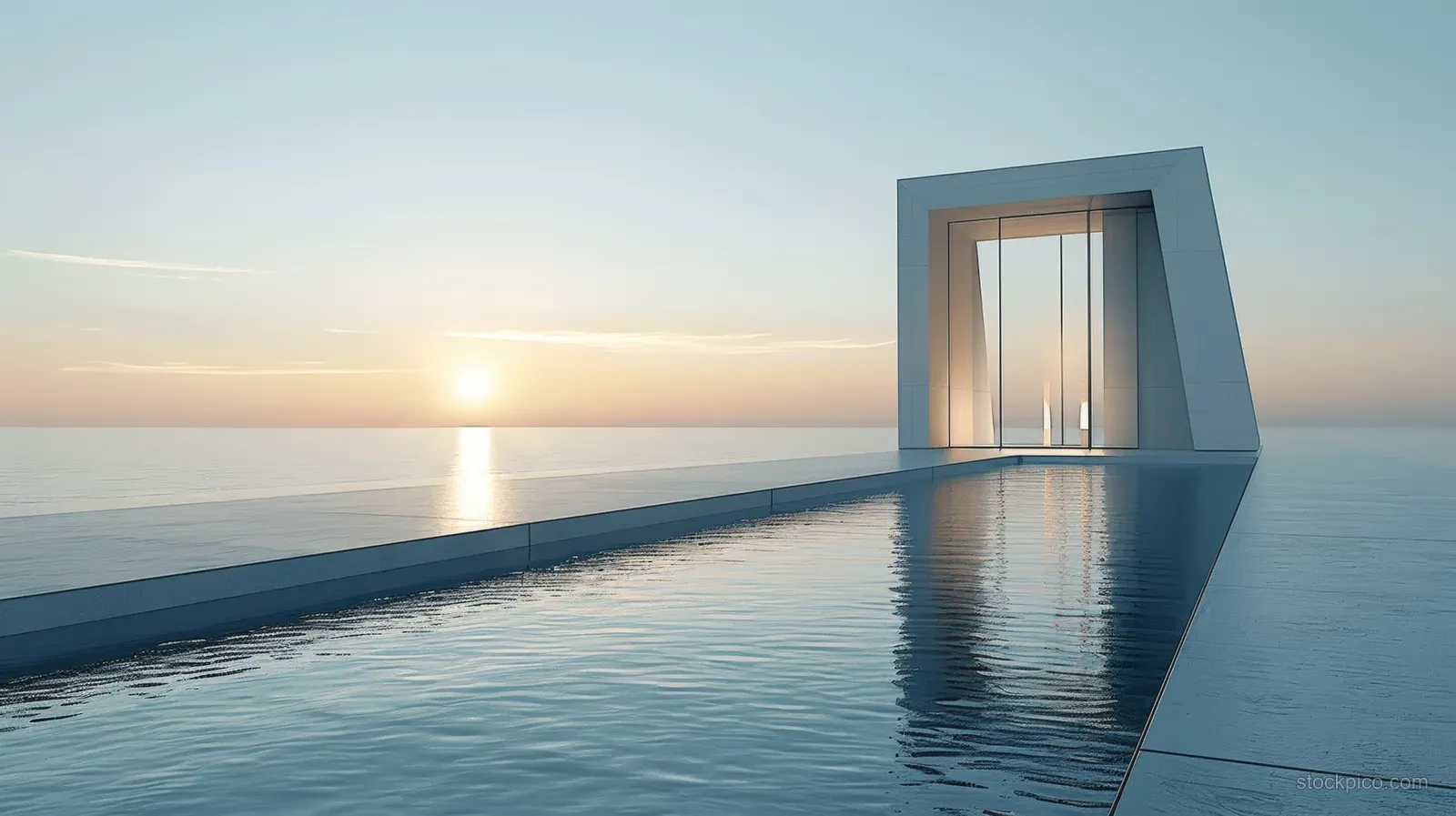 Minimalist white building entrance with a glass door as sunrise reflections ripple across a concrete floor over the ocean.