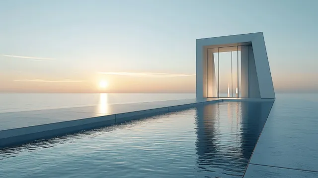 Minimalist white building entrance with a glass door as sunrise reflections ripple across a concrete floor over the ocean.