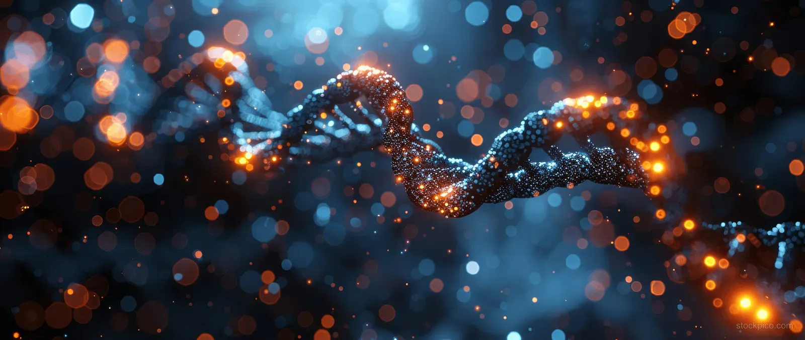 Glowing DNA double helix twists in a deep blue field with orange and blue bokeh light particles.