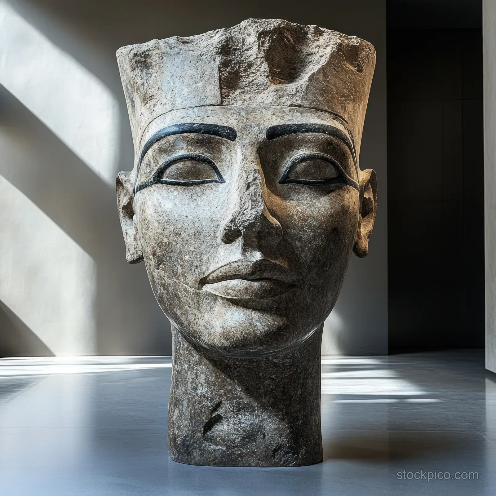 Large ancient stone head sculpture with detailed eyebrows displayed in a bright museum gallery.