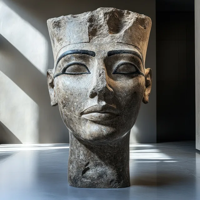 Large ancient stone head sculpture with detailed eyebrows displayed in a bright museum gallery.