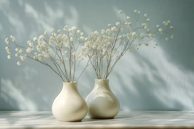Two cream round vases with baby's breath on light wood against a pale blue wall