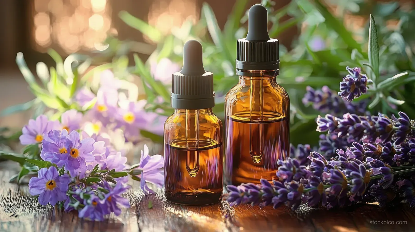 Two amber dropper bottles surrounded by purple lavender blossoms on a wooden surface in soft daylight.