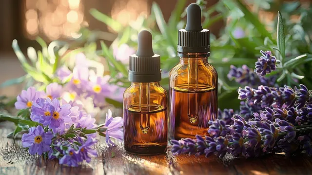 Two amber dropper bottles surrounded by purple lavender blossoms on a wooden surface in soft daylight.