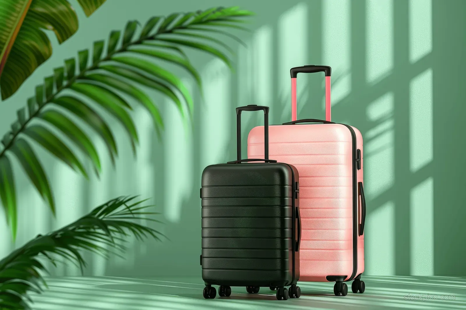Pastel pink and black suitcases placed on a green background with palm leaves in the corners.