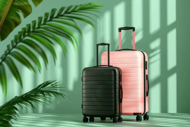 Pastel pink and black suitcases placed on a green background with palm leaves in the corners.