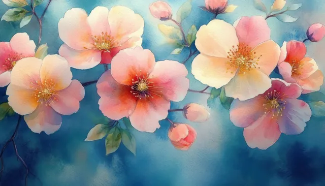 Watercolor cherry blossoms cluster drifting over blue gradient backdrop with soft pink petals