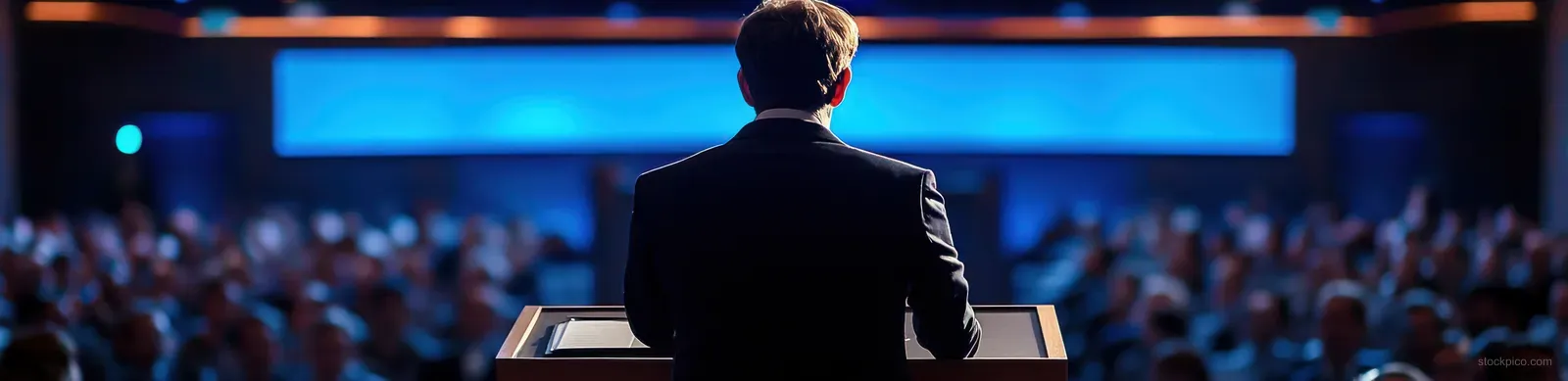 A corporate speaker in a dark suit delivers a presentation from a podium to an audience in a conference hall.
