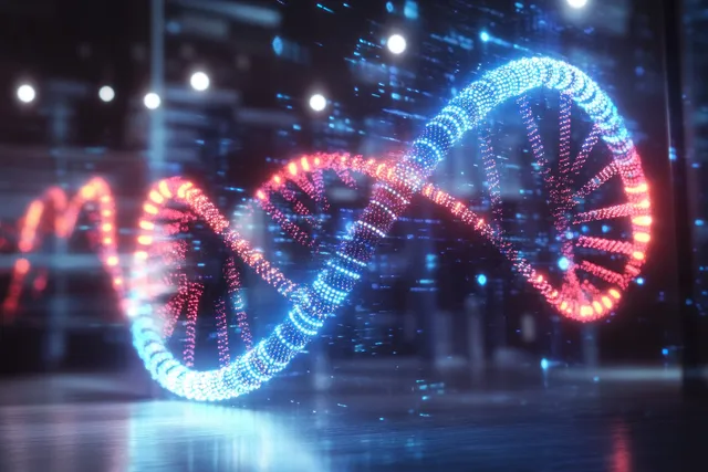 Glowing 3D DNA double helix made of illuminated particles against digital blue-red background with Data Inspired Tech Art