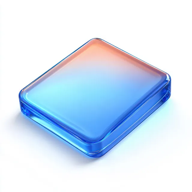 Blue glass square button icon with rounded corners and soft ambient reflections on white