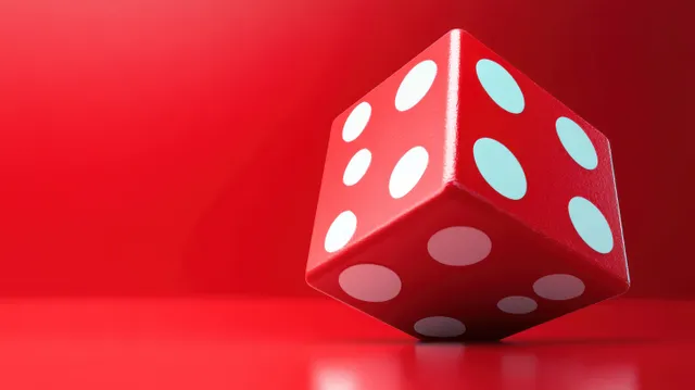 Red six-sided die with white dots on a glossy reflective surface against a vivid red background.