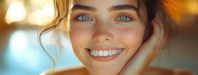 Smiling woman in a dental clinic wearing clear teeth aligners and receiving orthodontic care.