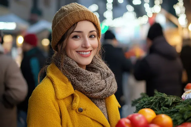Cheerful woman in yellow coat smiles at winter street market stall amid warm bokeh lights