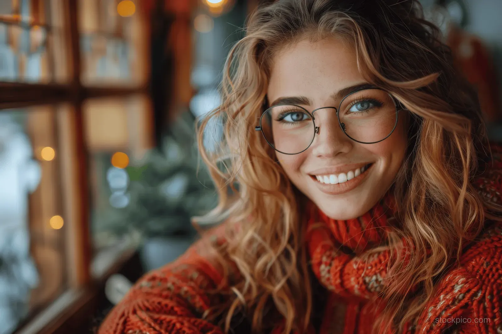 A smiling young woman in a red sweater uses a laptop for a video call in a living room by a window with a plant.