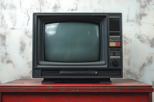 Vintage black television with knobs and buttons on a worn red wooden table against a distressed white wall.