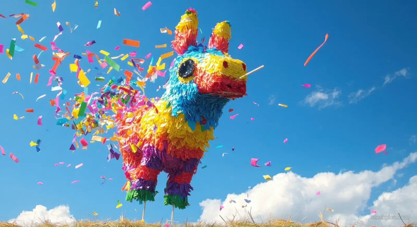 A colorful donkey piñata throws confetti into the air under a blue sky with clouds during an outdoor celebration.