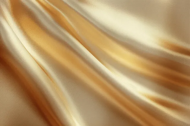 Light golden satin silk fabric draped in glossy folds over a metallic beige background.